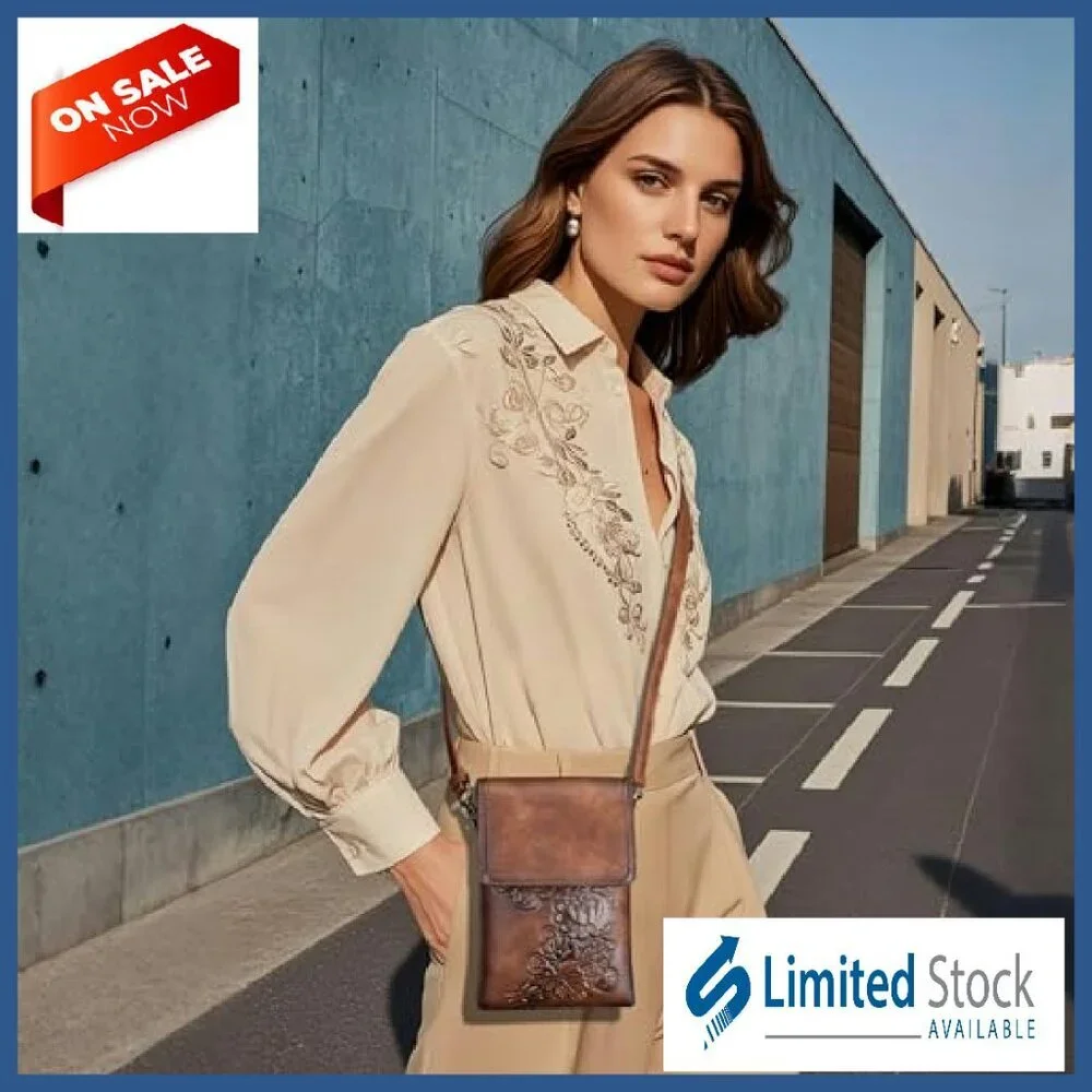 Small Vegan Leather Crossbody Phone Bag with Embossed Flower Design - Picture 3 of 8